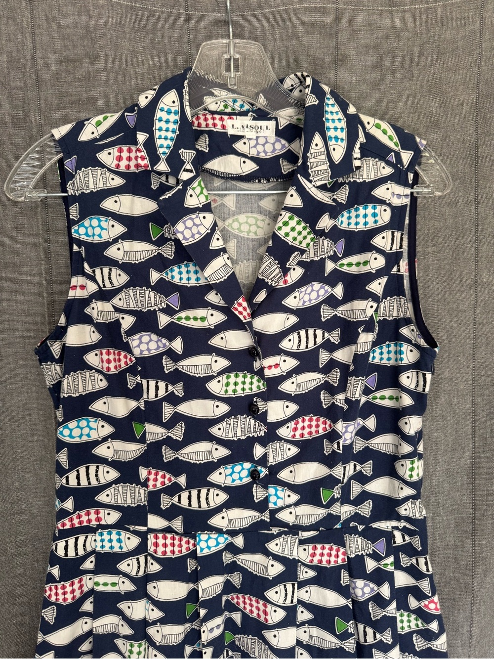 LA Soul Fish Print Fit & Flare Dress Sz M Midi Sleeveless Retro Cottage Pleated